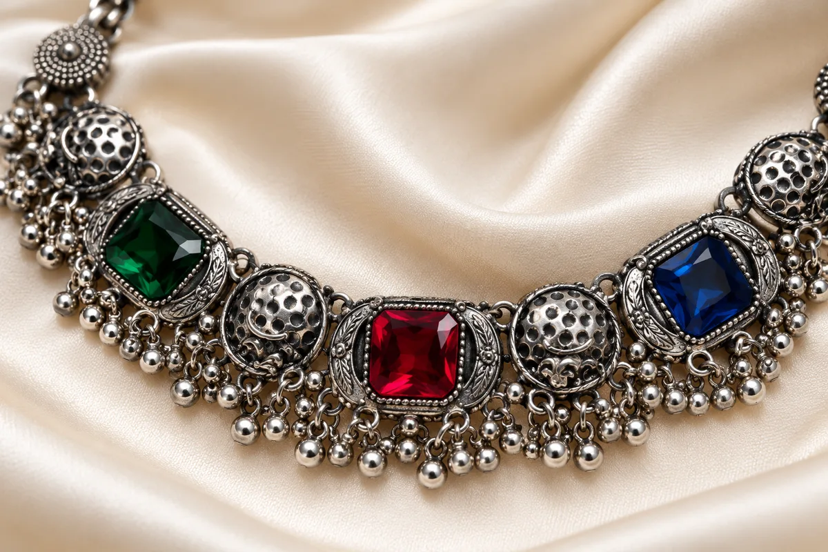 Ornate Gemstone Silver Necklace on Ivory Satin-3