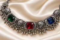 Ornate Gemstone Silver Necklace on Ivory Satin-3