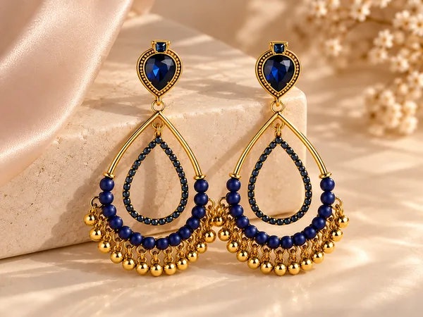 Midnight Blue Gold Fringe Earrings